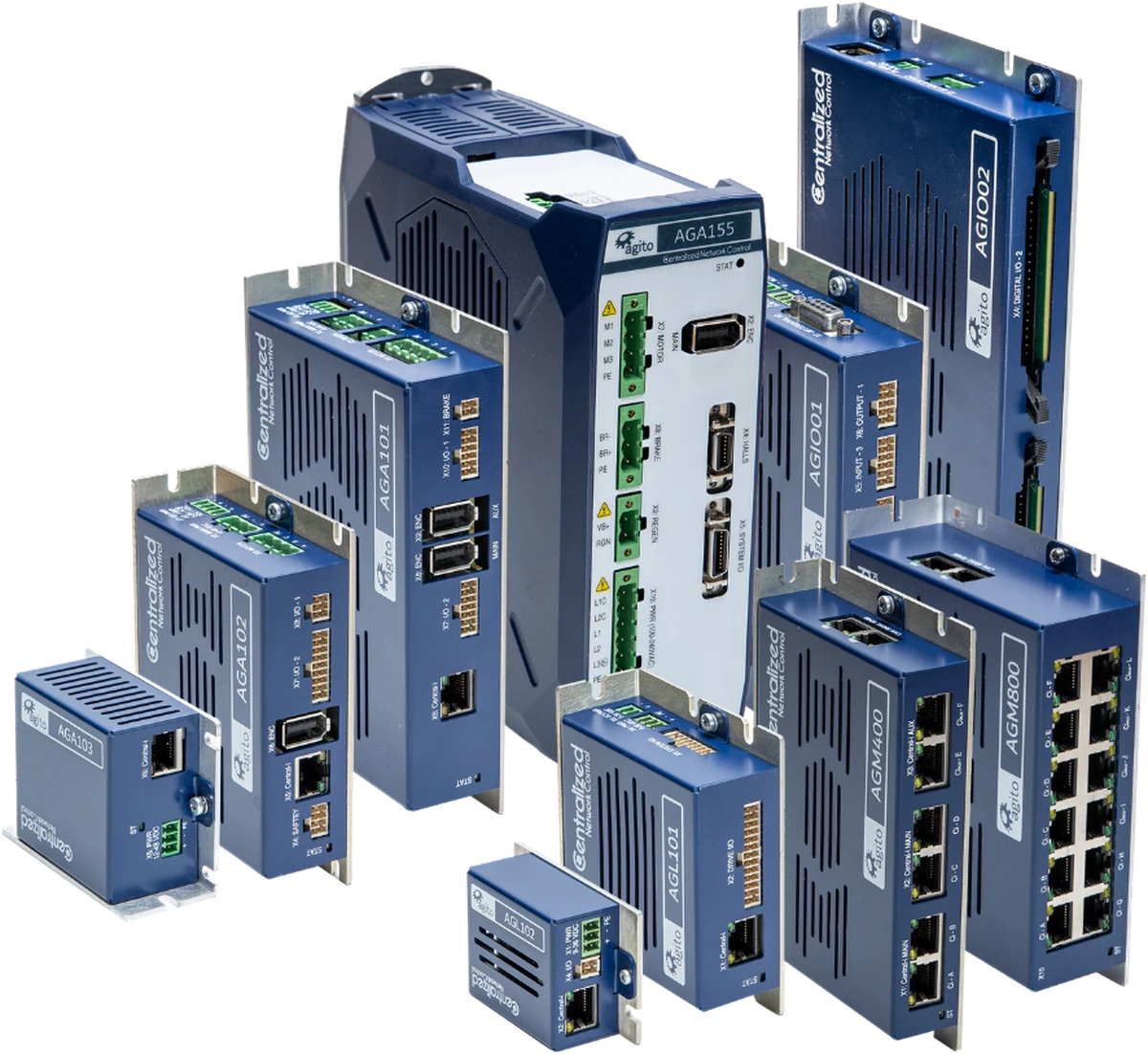 The Agito product family: AGM800 Central-i master, AGA amplifiers, AGL adapters and AGIO I/O modules